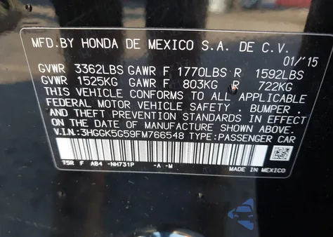 2015 Honda Fit Lx from USA, damaged, VIN 3HGGK5G59FM766548